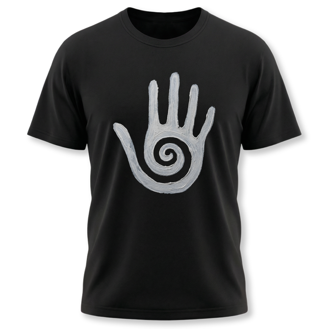 Black tee with white Hopi healing hand and spiral symbol design.
