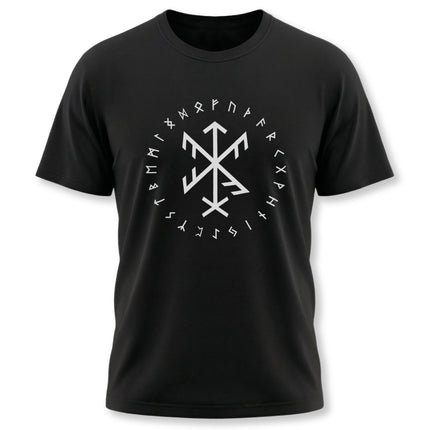 Black t-shirt featuring a Norse bind rune and Elder Futhark runes graphic.