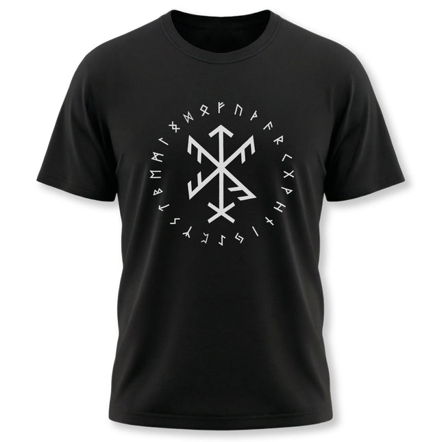 Black t-shirt featuring a Norse bind rune and Elder Futhark runes graphic.