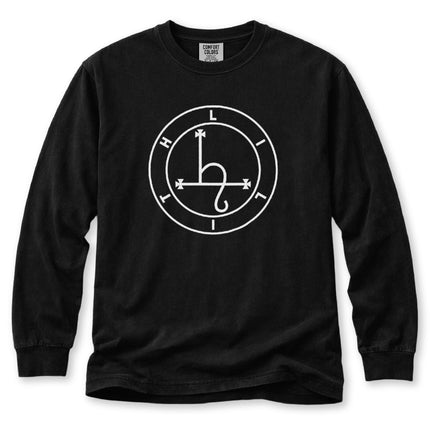 White long sleeve t-shirt featuring a circular occult sigil graphic design.
