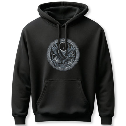 Norse raven hoodie featuring a celestial Viking design with moon and bird imagery.