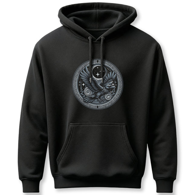 Norse raven hoodie featuring a celestial Viking design with moon and bird imagery.