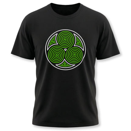 Green Celtic triskelion knotwork symbol on a black t-shirt.