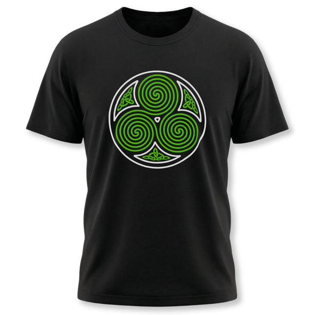 Green Celtic triskelion knotwork symbol on a black t-shirt.