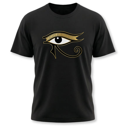 Gold Eye of Horus symbol graphic on a black t-shirt, featuring ancient Egyptian mythology design.