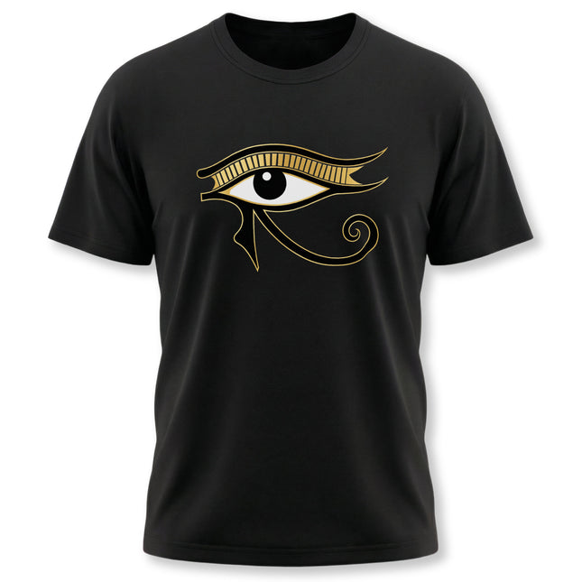 Gold Eye of Horus symbol graphic on a black t-shirt, featuring ancient Egyptian mythology design.