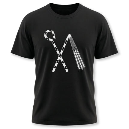 Ancient Egyptian crook and flail symbol graphic on a black unisex t-shirt.