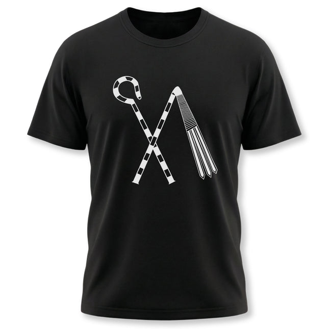 Ancient Egyptian crook and flail symbol graphic on a black unisex t-shirt.