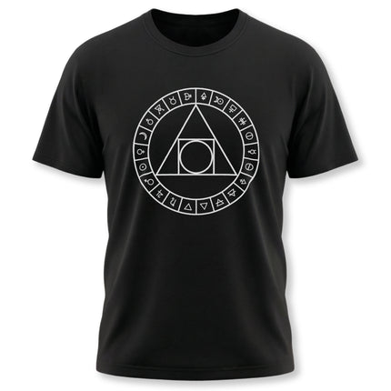 Alchemy symbols t-shirt featuring sacred geometry and the philosopher's stone diagram.