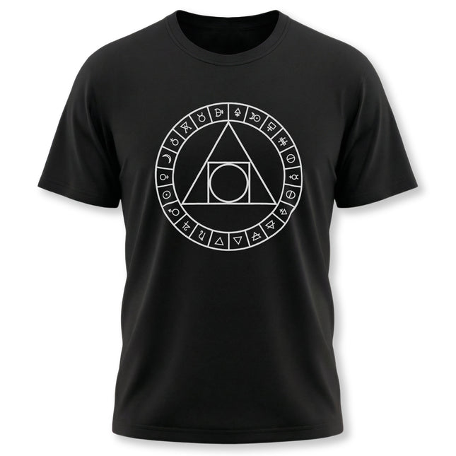 Alchemy symbols t-shirt featuring sacred geometry and the philosopher's stone diagram.