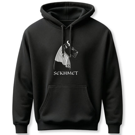 Sekhmet Egyptian lion goddess graphic on a black pullover hoodie.