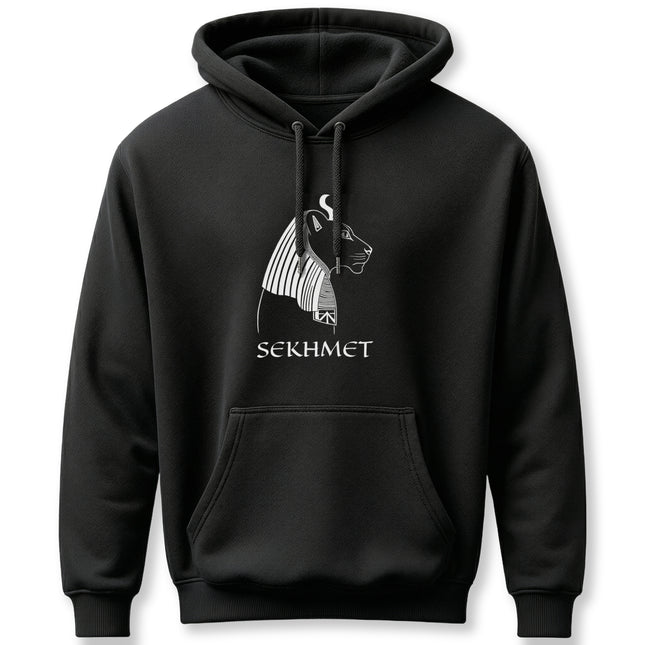 Sekhmet Egyptian lion goddess graphic on a black pullover hoodie.