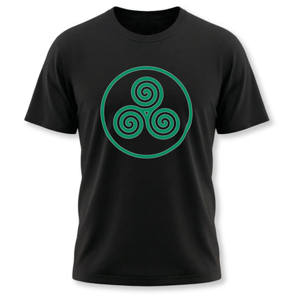 Black t-shirt featuring a green Celtic triskele triple spiral knot graphic design.