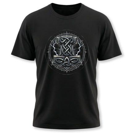 Norse knotwork t-shirt featuring Mjolnir and Viking mythology design.