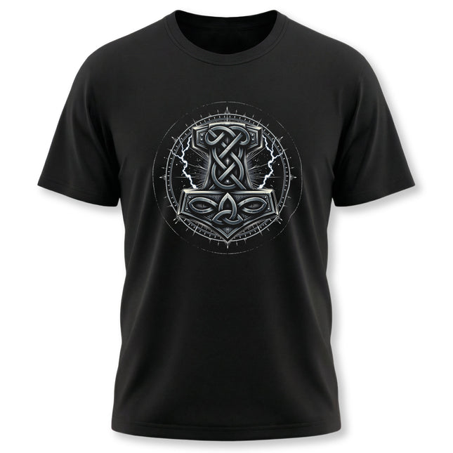 Norse knotwork t-shirt featuring Mjolnir and Viking mythology design.