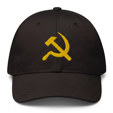 Embroidered hammer and sickle communist symbol on a black dad hat.