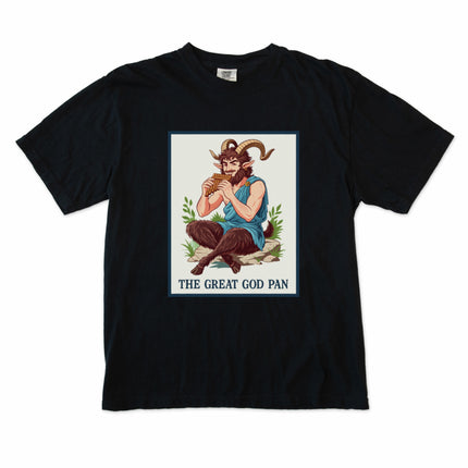 Pan satyr t-shirt graphic featuring Greek Mythology art of the Great God Pan with a flute.