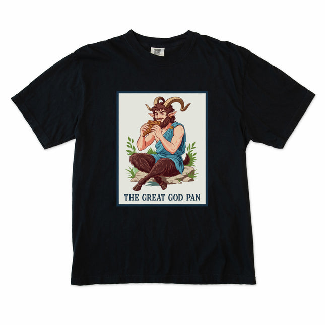 Pan satyr t-shirt graphic featuring Greek Mythology art of the Great God Pan with a flute.