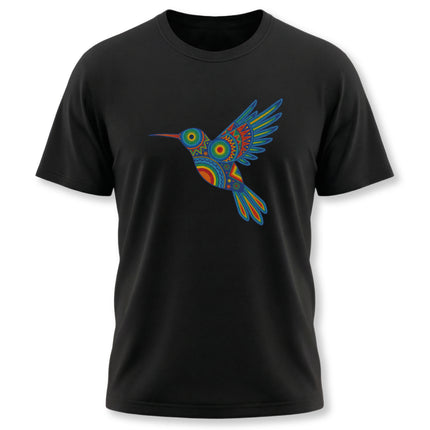 Vibrant Huichol hummingbird graphic tee featuring colorful Mexican folk art patterns.