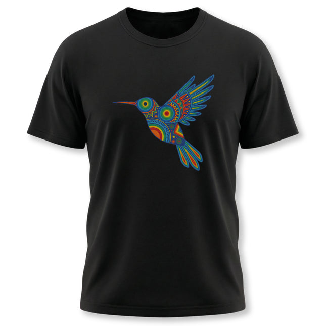 Vibrant Huichol hummingbird graphic tee featuring colorful Mexican folk art patterns.