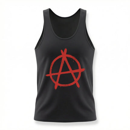 Black tank top featuring a red anarchy symbol. Punk, anti-establishment, grunge streetwear design.