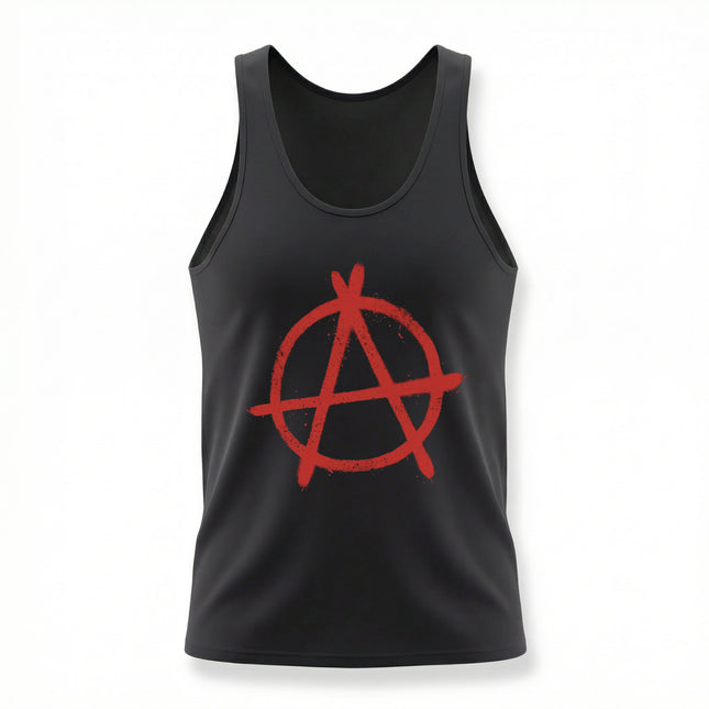 Black tank top featuring a red anarchy symbol. Punk, anti-establishment, grunge streetwear design.