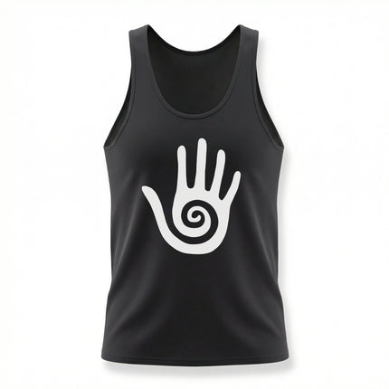 Black tank top featuring a white Hopi healing hand and spiral symbol graphic.