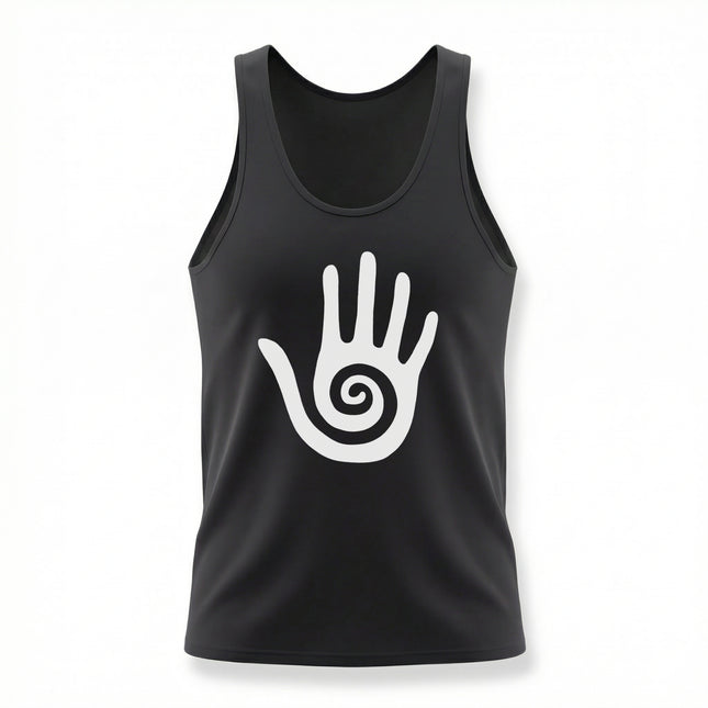 Black tank top featuring a white Hopi healing hand and spiral symbol graphic.