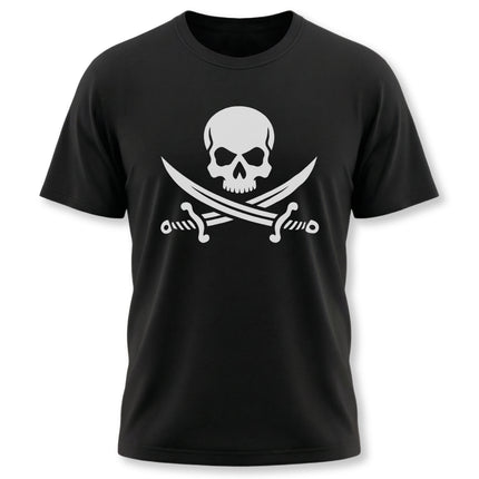 Pirate skull and crossed swords graphic on a black t-shirt.