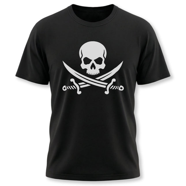 Pirate skull and crossed swords graphic on a black t-shirt.