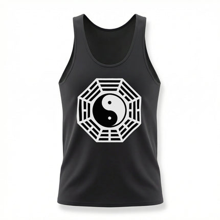 Black tank top featuring the Yin Yang and Bagua symbol, representing Taoist balance and harmony.