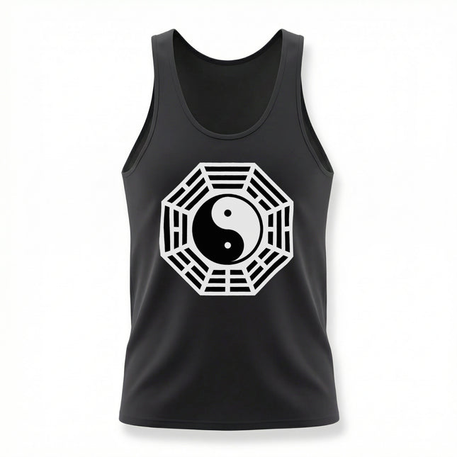 Black tank top featuring the Yin Yang and Bagua symbol, representing Taoist balance and harmony.