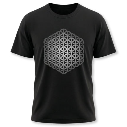 Black t-shirt featuring the intricate Flower of Life sacred geometry pattern.