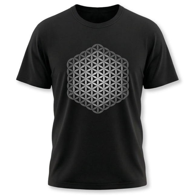 Black t-shirt featuring the intricate Flower of Life sacred geometry pattern.