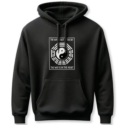 Taoist Yin Yang and Bagua graphic on a black hoodie: "The Way Is In The Heart.