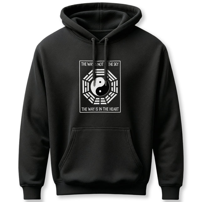 Taoist Yin Yang and Bagua graphic on a black hoodie: "The Way Is In The Heart.