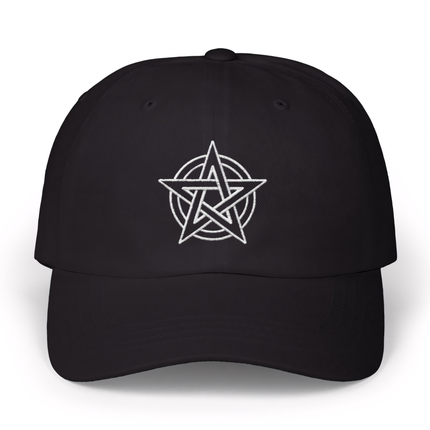Black embroidered pentagram symbol on a black dad hat. Occult pentacle baseball cap.