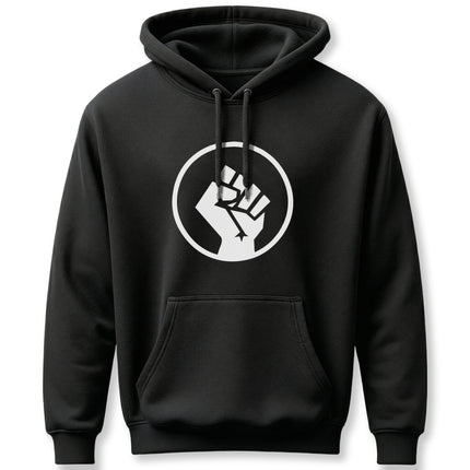 Black hoodie featuring a white raised fist symbol, representing solidarity and protest.