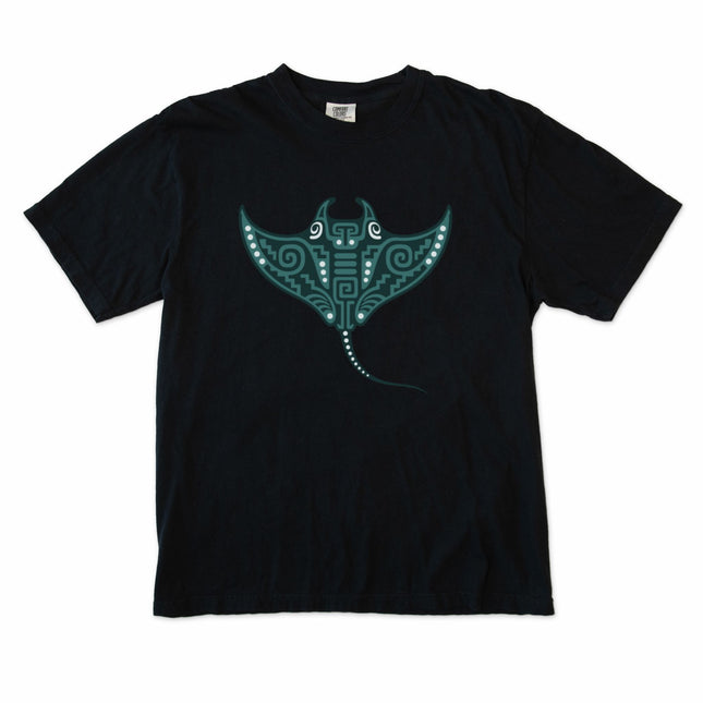 Turquoise geometric manta ray graphic tee featuring stylized Mayan ocean and tropical patterns.