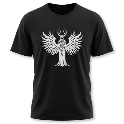 Winged Valkyrie graphic on a black tee, featuring Norse antler and wing design.