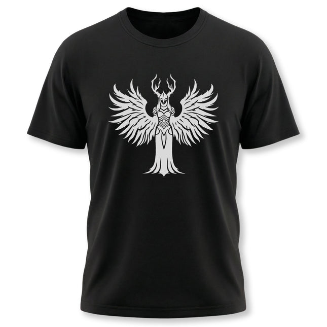 Winged Valkyrie graphic on a black tee, featuring Norse antler and wing design.