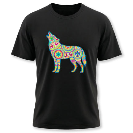 Huichol folk art wolf graphic tee featuring vibrant tribal geometric patterns on black fabric.