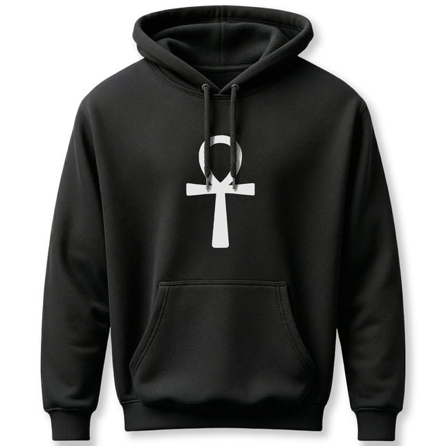 Black pullover hoodie featuring the white Ankh symbol, ancient Egyptian key of life.