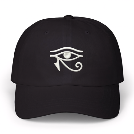 Black baseball cap featuring embroidered Eye of Horus, an ancient Egyptian protection symbol.