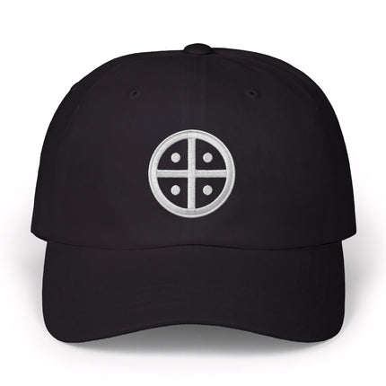 Black baseball cap featuring an embroidered ancient solar cross symbol.