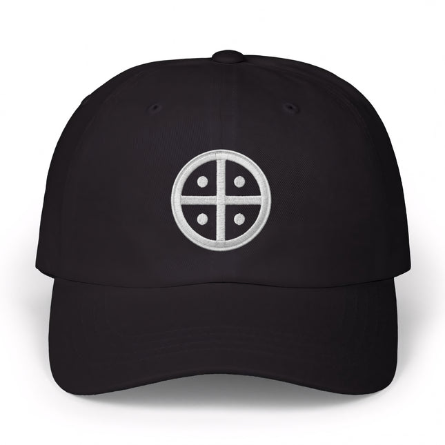Black baseball cap featuring an embroidered ancient solar cross symbol.