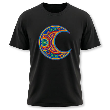 Colorful Huichol-inspired crescent moon mandala graphic on a black t-shirt.