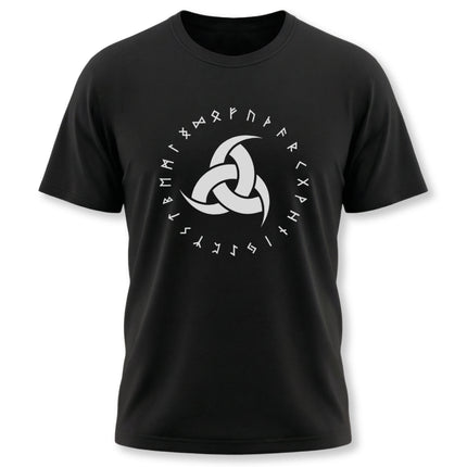 Odin's triple horns and Norse runes graphic on a black Viking mythology t-shirt.