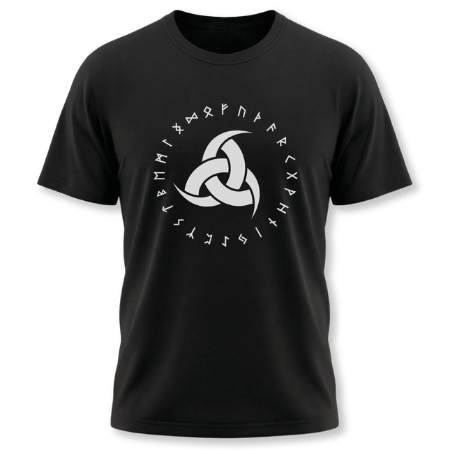 Odin's triple horns and Norse runes graphic on a black Viking mythology t-shirt.