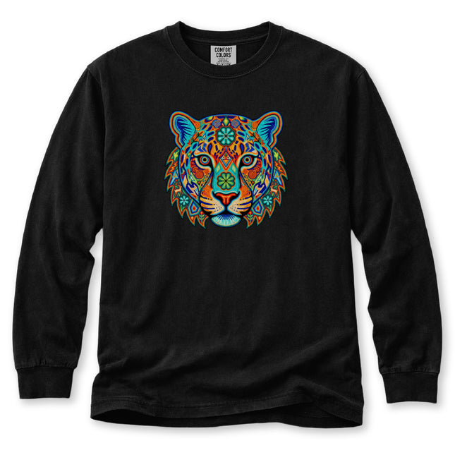 Huichol Jaguar Long Sleeve T-Shirt | Patterned Cat Portrait Tee